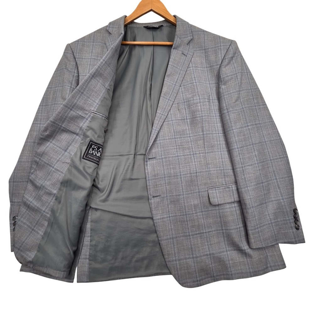 Jos A Bank Traveler Traditional Fit Wool Blazer Jacket Gray Blue Plaid Mens 50R